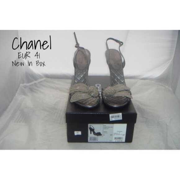 Authentic Chanel Silver Arget Leaf Evening High Heels Sandals Size 41 New In Box - Picture 1 of 5